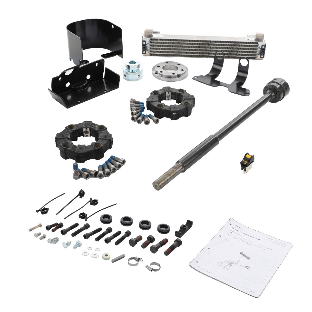 The AGCO Pto Kit - 4391120M17 by AGCO includes a collection of vehicle parts such as a drive shaft, bolts, connectors, an oil cooler, mounting brackets, and a manual for Massey Ferguson tractors.