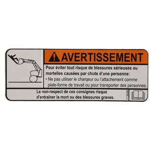 Warning label in French advising not to use the AGCO DECAL - AL11136099 or attachment to lift or transport people. Non-compliance can result in serious injury or death.