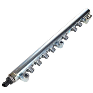 The AGCO Boost Pipe - F530200710220 is a metal fuel rail featuring multiple injector ports and a connector on one end. Currently, there is no detailed product description available.