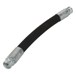 The AGCO | Hydraulic Hose - Acx234943A is a flexible, black hydraulic hose featuring silver metal connectors on both ends and designed with abrasion-resistant coverings to withstand extreme temperatures.