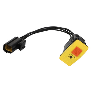 The AGCO | Switch - Va397171, a yellow and black electrical connector switch with two attached wires, features an orange button and a snowflake symbol on the yellow part. It is compatible with Valtra and Massey Ferguson machinery.