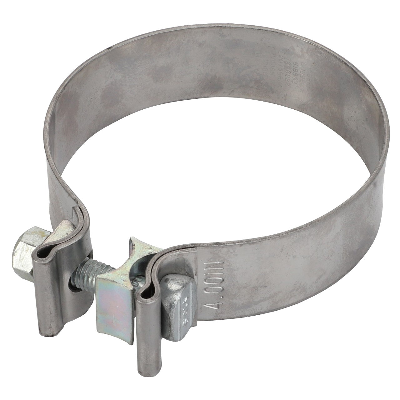 The AGCO BAND CLAMP - CH205-5371, a stainless steel hose clamp from the renowned brand AGCO, features a T-bolt fastener mechanism designed to securely tighten and hold hoses in place.