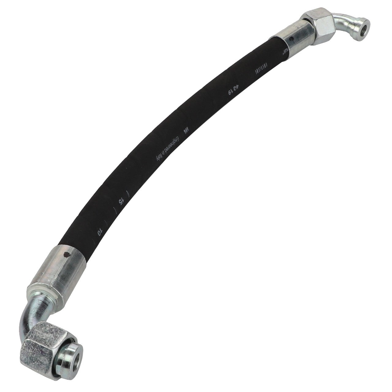 The AGCO Hydraulic Hose - Acw6040140 is a flexible black hydraulic hose featuring metallic fittings on both ends.