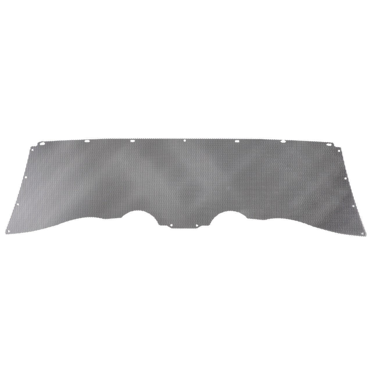 The AGCO Grille, Front - 4374733M2 is a silver metal piece with multiple holes and notches, designed for added protection and ventilation, laid flat against a white background.