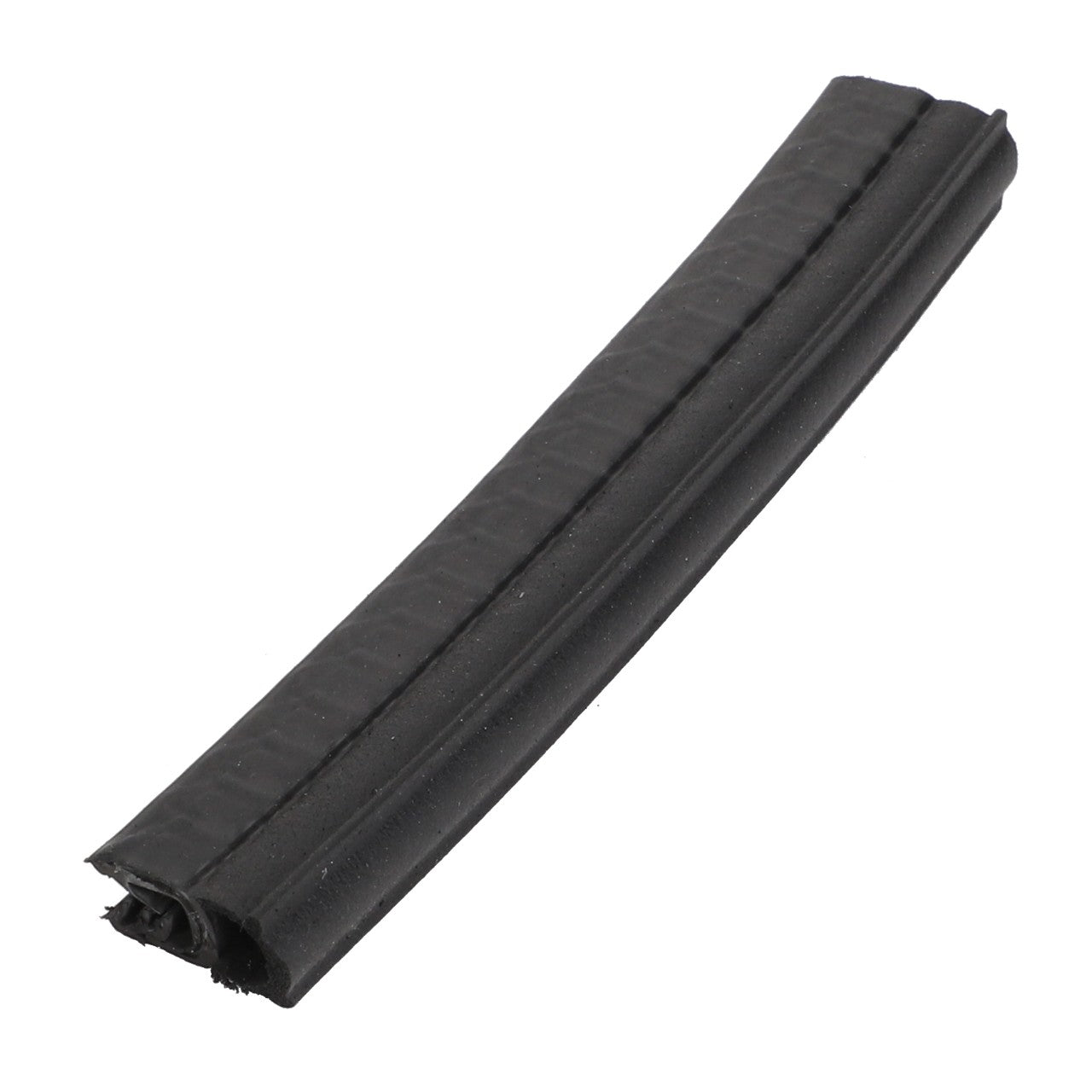 The AGCO | Seal - Acw5479650 is a resilient black rubber weatherstripping, slightly curved and textured, perfect for sealing gaps around windows and doors.