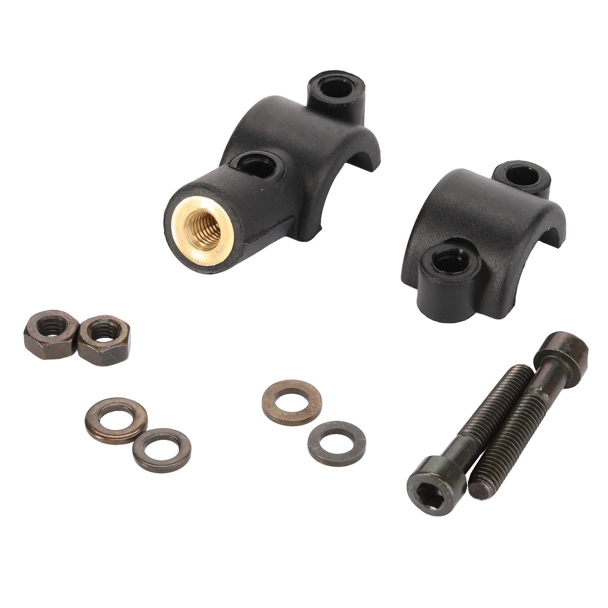 The AGCO Left Hand Bracket - Ac008-753 set includes two sturdy black metal clamps with threaded brass inserts, two hex nuts, three washers, and two hex bolts, all neatly arranged on a pristine white background.