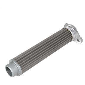 Cylindrical metal filter with fine mesh, capped on both ends with mounting flanges. FILTER LOCATION: HYDRAULIC SYSTEM, compatible with Fendt and Massey Ferguson equipment. PRODUCT: Filter - 4260204M91 by AGCO.