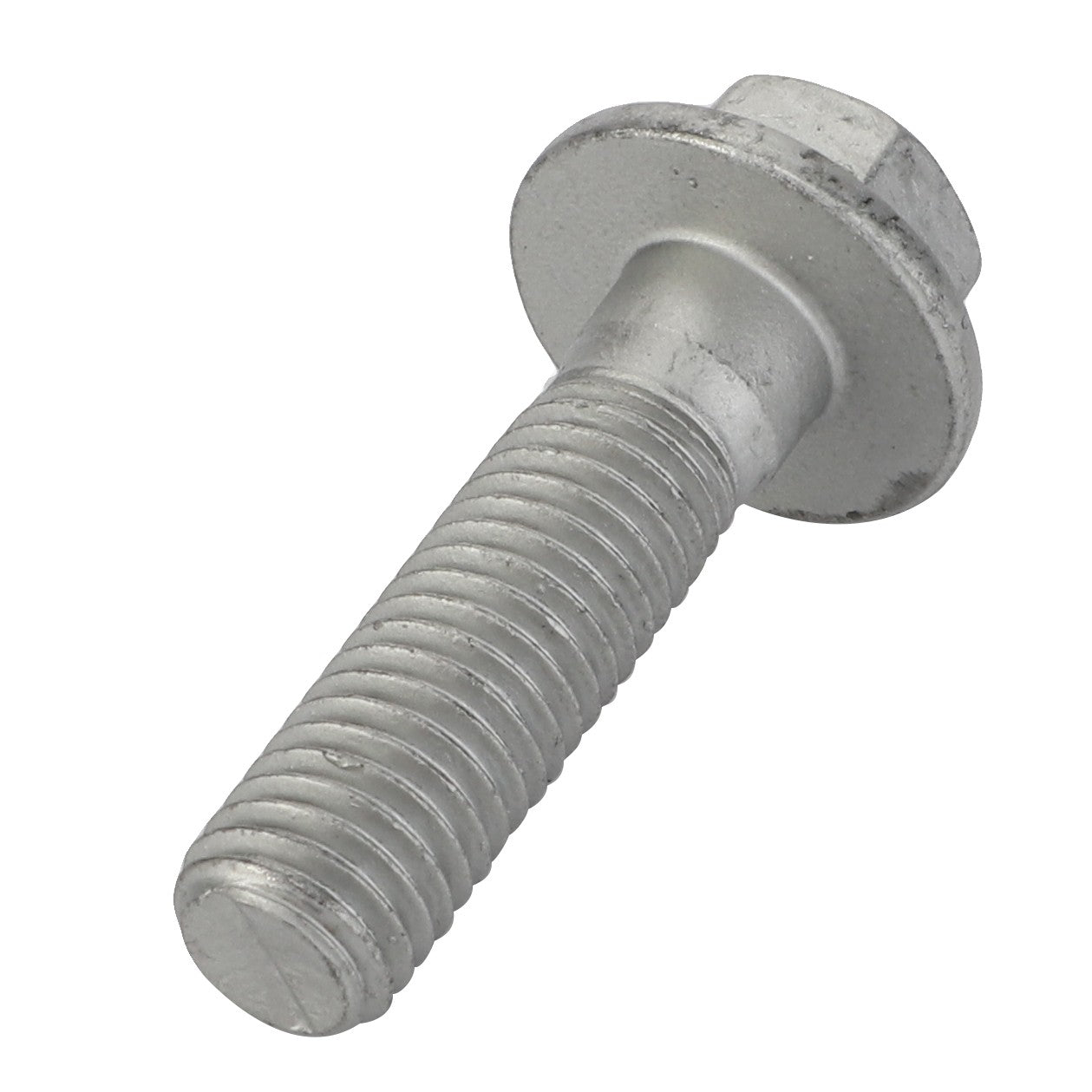 A close-up image of the AGCO Hex Flange Head Machine Screw - Acw1040940, featuring a silver hex bolt with a threaded shaft and an integrated washer under the hex head.