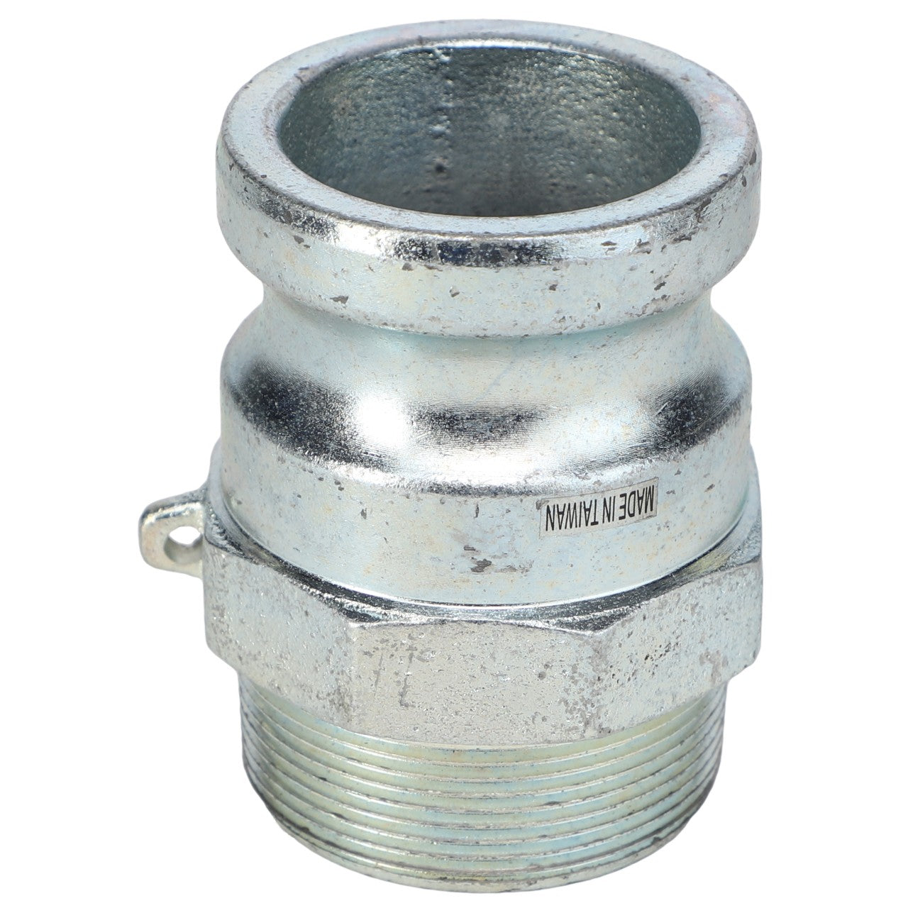 A metal cam and groove fitting with threads and a sleek, shiny surface named the AGCO | NIPPLE - AG552348. The text "Made in Taiwan" is visible on the fitting, but currently, no product description information is available.