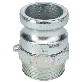 A metal cam and groove fitting with threads and a sleek, shiny surface named the AGCO | NIPPLE - AG552348. The text "Made in Taiwan" is visible on the fitting, but currently, no product description information is available.
