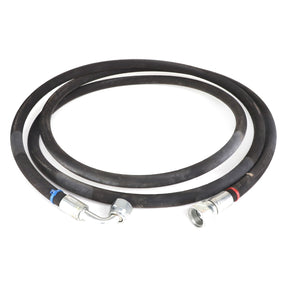 The AGCO | HYDR. HOSE - AL9031577 is a coiled black hydraulic hose equipped with metal connectors at both ends, featuring one straight and one angled connection. Further product description information is currently unavailable.
