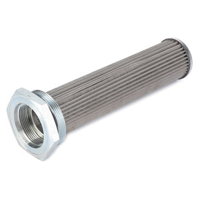 A cylindrical metal filter with pleated walls and a threaded hexagonal cap at one end, perfect for Massey Ferguson models using the AGCO Hydraulic Filter Cartridge - 112858W91.