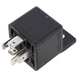 A black, rectangular electrical relay, the AGCO Relay - X830250010000, with four metal pins protruding from one side; compatible with Massey Ferguson Models.