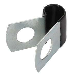 AGCO | Clip - Acp0025370: Metal cable clamp with rubber coating, featuring two perforated wings for mounting.