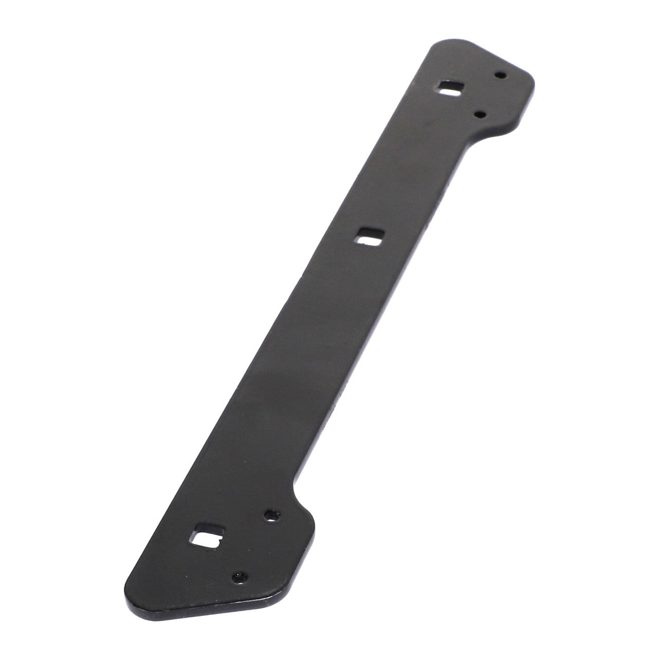 The AGCO STRAP - ACP0142220 is a flat, black metal bracket with four square cutouts and two rounded ends, ideal for secure installations. For more details or assistance, please contact our support team.