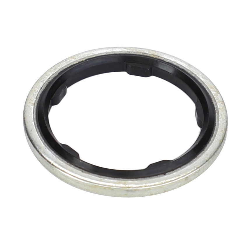 A circular metal and plastic washer with a smooth outer edge and a ridged inner edge, ideal for various Fendt models. Product: AGCO | Gaskets - 945950010510 by AGCO.