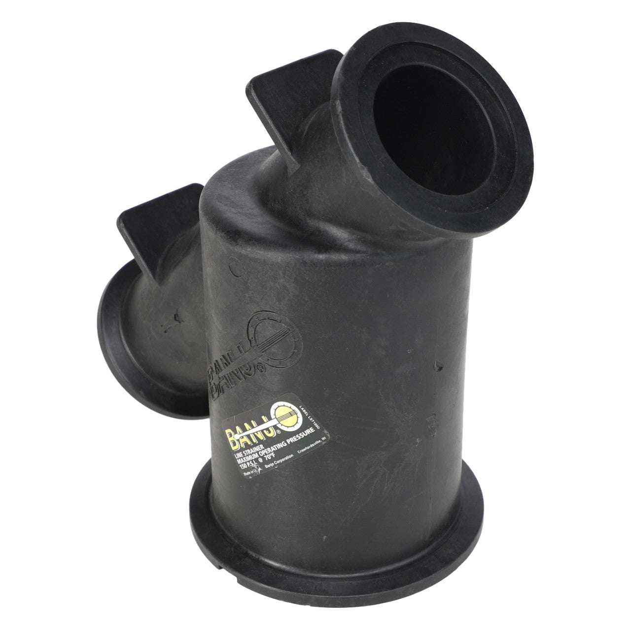 A black plastic pipe fitting with multiple openings and an AGCO branded sticker, ideal for use with AGCO's Y Manifold Strainers, specifically the AG725931 model.