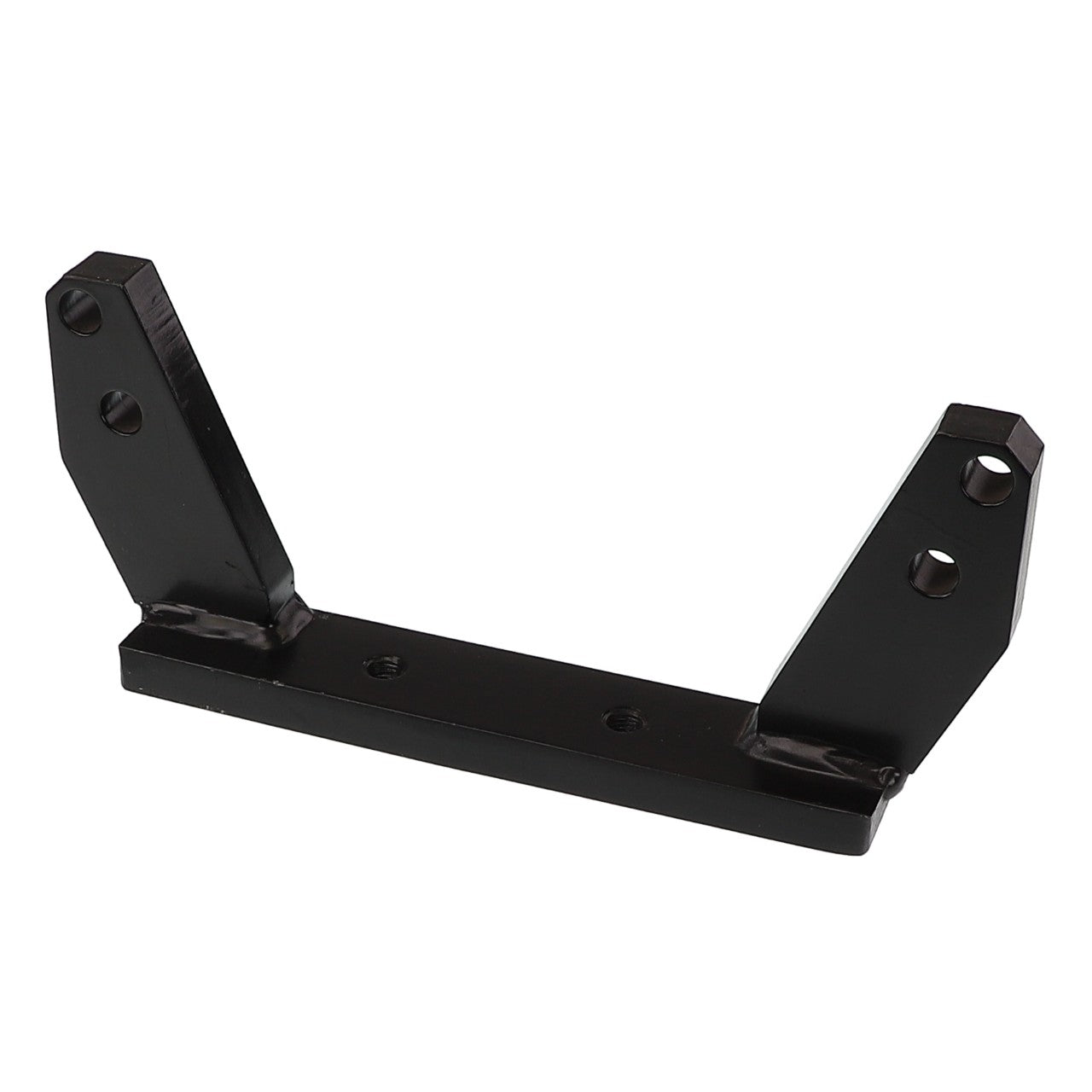 The AGCO | BRACKET - AL10358597 from AGCO is a durable black metal bracket featuring two angled arms and multiple mounting holes, designed for versatile and secure mounting solutions.