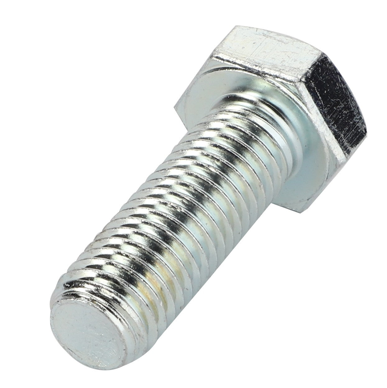 A close-up image of an AGCO | HEXAGONAL HEAD BOLT - 0901-22-12-00, featuring a silver metallic hex bolt with a threaded shaft and a hexagonal head, oriented at an angle. 