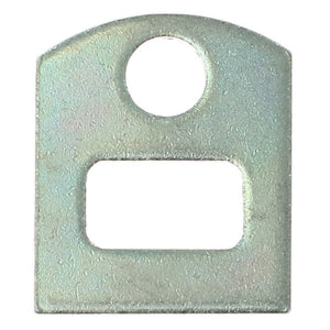 The AGCO | LOCKING PLATE - V30602010 is a flat, metallic bracket featuring a circular hole near the top, a rectangular slot below it, and rounded top edges.