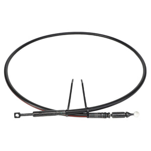 Introducing the AGCO Control Cable, Loader - AL5020942 from AGCO, a coiled black automotive throttle cable featuring metallic connectors and a red stripe, ensuring operating safety and reliability.