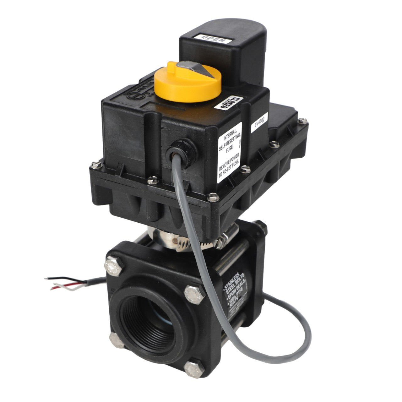 Introducing the AGCO | VALVE - AG727409 by AGCO, an electric actuator valve in black featuring a distinctive yellow control knob and various attached wires. This advanced valve is designed for precise control of liquid or gas flow within pipeline systems.