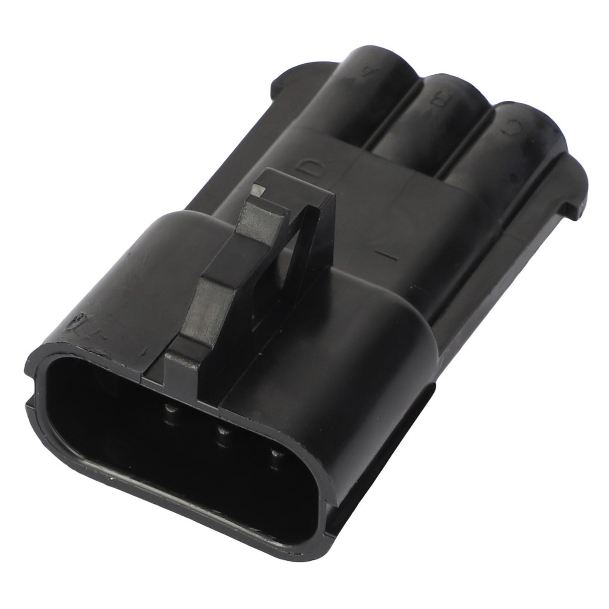 The AGCO | PLUG CONNECTOR - AG517618 is a black rectangular electrical connector featuring three slots and a locking mechanism on top. No additional current product description information is available.