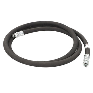 A coiled black rubber hose from AGCO, the AGCO Hose - Acp0004490, featuring sturdy metallic connectors on both ends.