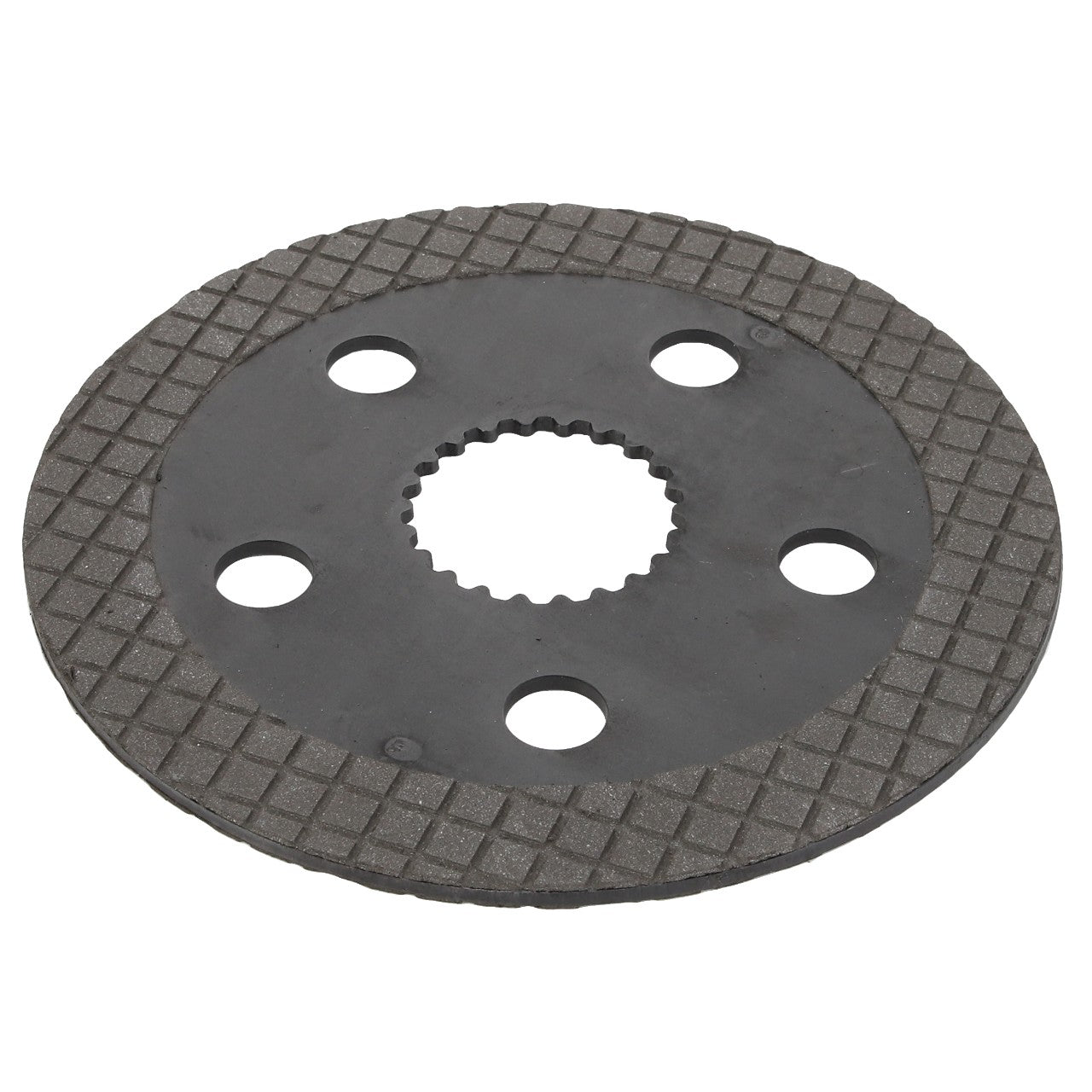 The AGCO Brake Disc - Acp0420620 is a round metal friction plate featuring a grid pattern, five holes, and a central gear-like hole designed for mechanical or automotive applications. Perfect for inclusion in braking systems, this product meets the high-quality standards associated with Genuine AGCO Parts.