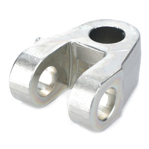 A metallic mechanical part, the AGCO | Clevis, Arm - F350870200060 from AGCO, features a rectangular base with a large central hole and two smaller side holes, making it suitable for hitch linkage components.