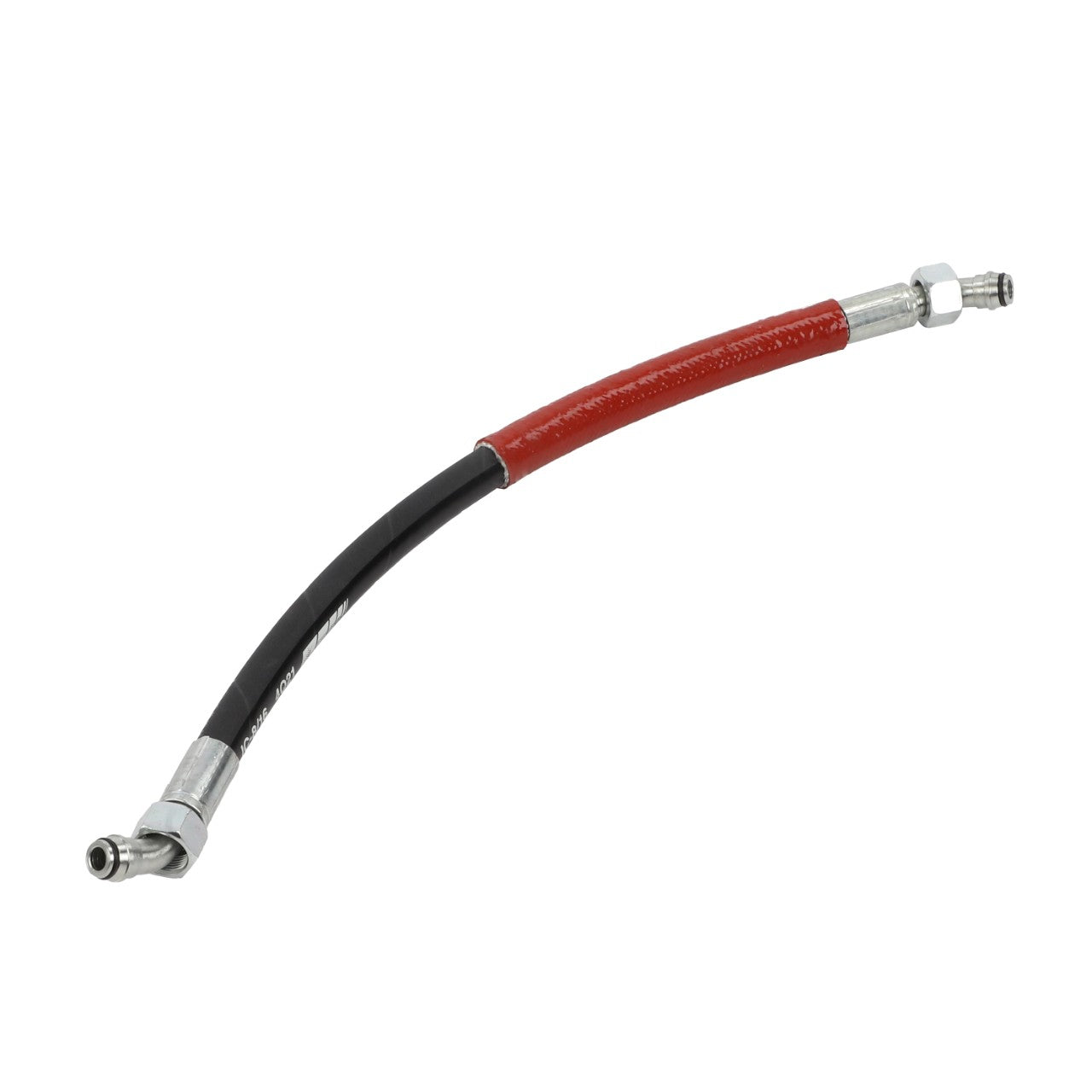 Introducing the AGCO Hose - Acp0668730, a flexible hydraulic hose by AGCO, equipped with metal fittings at both ends and a distinctive red sleeve along part of its length.