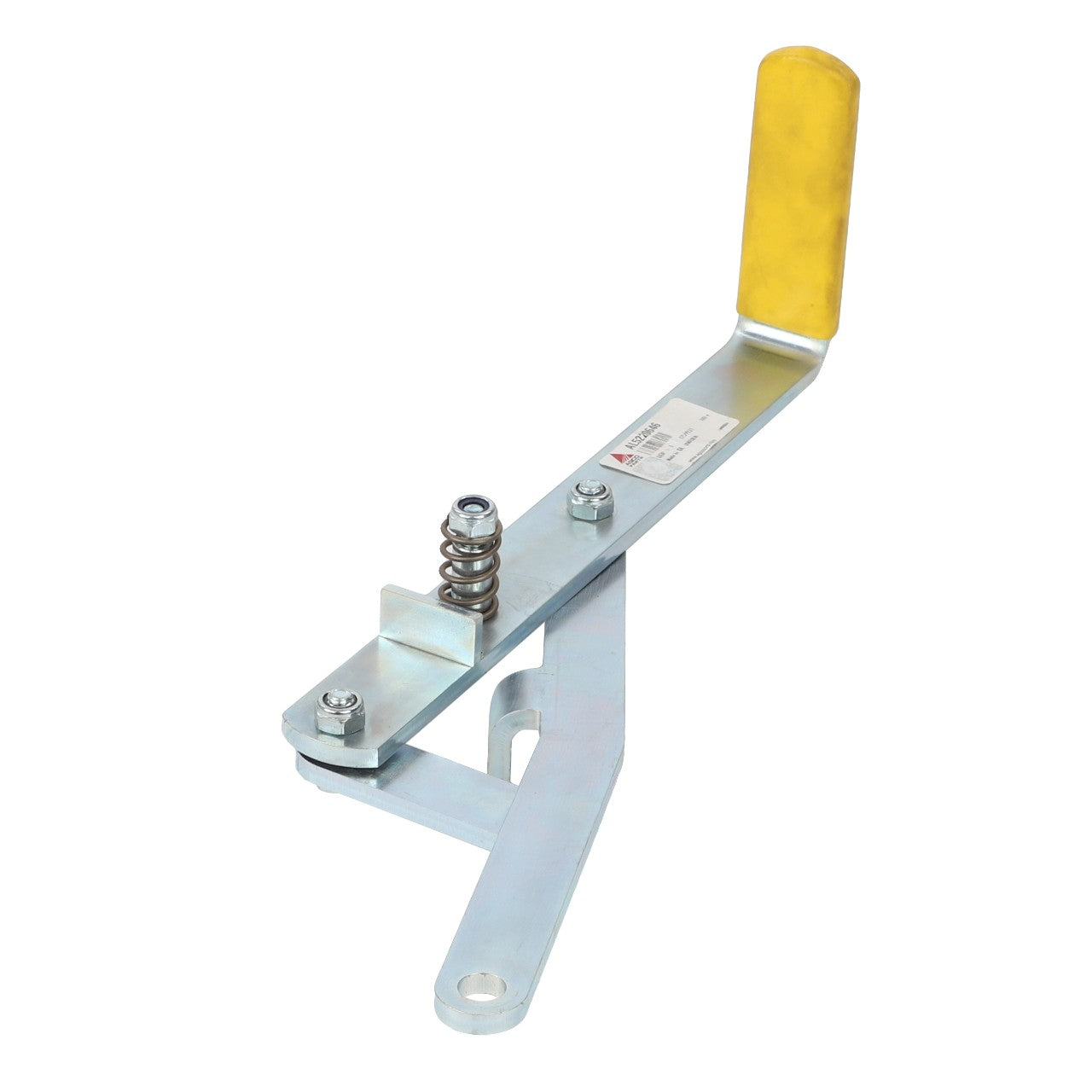 The AGCO | LEVER KIT - AL5220646, a metal lever with a yellow handle, features a spring mechanism and an attached label with text. No current product description information is available.