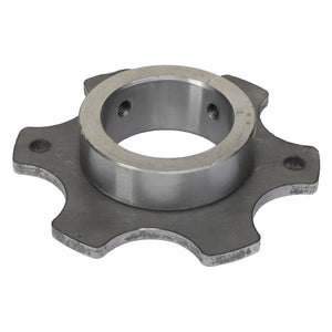 Product Description: The AGCO Sensor Sprocket - Acx0124970 is a metallic circular flange featuring a central hole and four outer protrusions, engineered for mechanical or industrial applications. Its surface shows signs of wear, indicative of previous use in demanding environments.