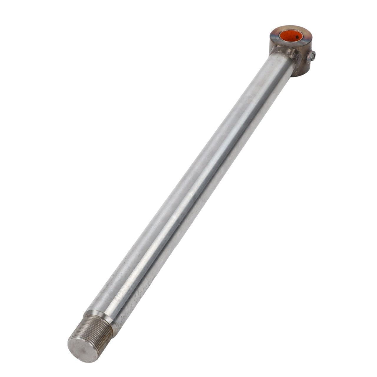 The AGCO | ROD - AL12704923 by AGCO is a sleek silver metal rod with threaded ends and an integrated vibrant orange component at one end.