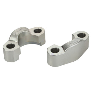 Two AGCO clamp - Acx0132620 silver metallic clamps with circular holes, positioned side by side on a white background. Each clamp has two threaded holes for screws or bolts. No current product description information available.