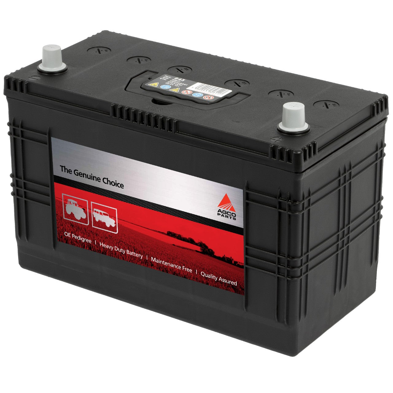 A rectangular AGCO heavy-duty car battery, model AGCO Parts Battery - 3931016M1, with a black casing and red label featuring the product and company logos. The label highlights the battery’s features and benefits, emphasizing its reputation for maximum starting power and reliability.