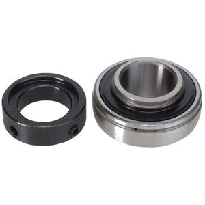 Two mechanical parts are shown: a black circular component and a silver AGCO | Roller Bearing - 0922-18-47-00 designed to manage rotational friction with its cylindrical opening. They are placed side by side on a plain white background.