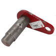 The AGCO | Pin - Acp0002380 by AGCO is a metal component featuring a cylindrical rod and threaded end, attached to a flat, red-painted plate with a round hole and label.