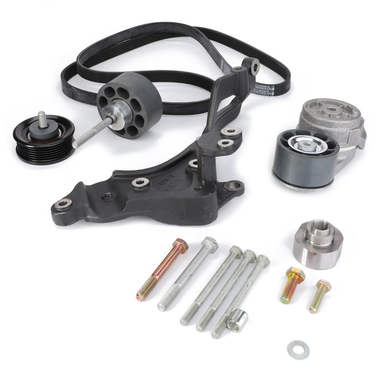 The AGCO Kit, Tensioner - Acp0340730 includes a serpentine belt along with various components such as pulleys, a tensioner, a bracket, and bolts. All items are designed to OE quality standards to ensure optimal performance and durability, and are displayed against a white background.