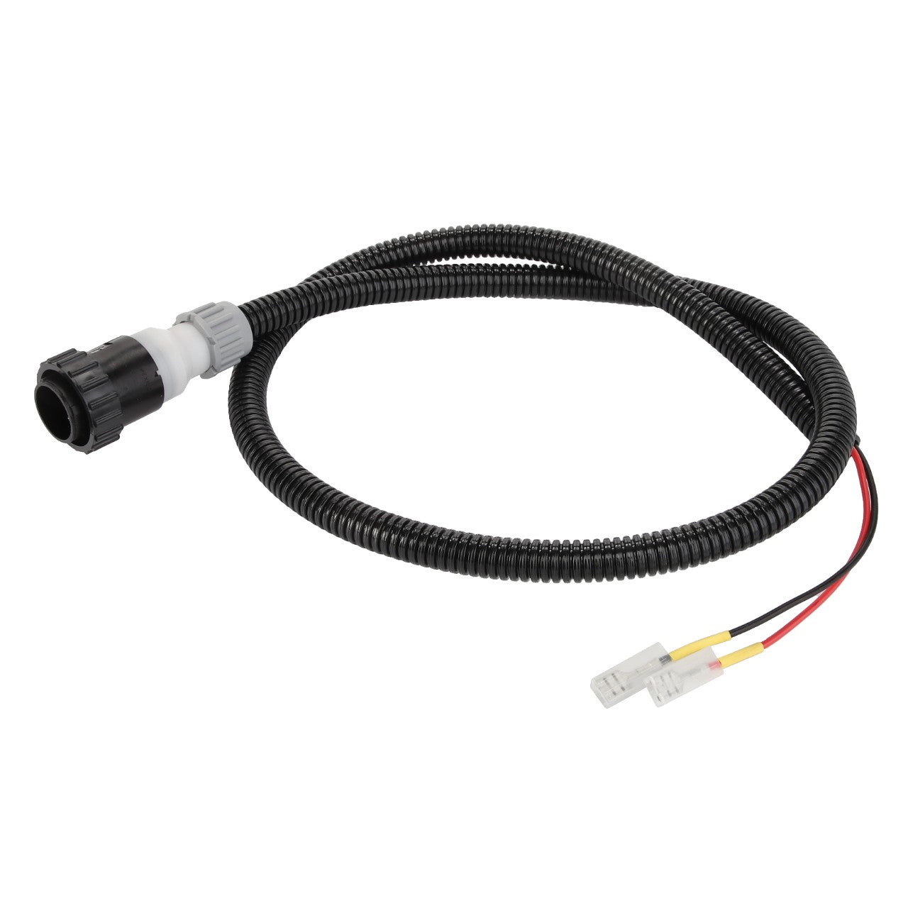 AGCO CABLE - D28782225: This product is a coiled black wire from AGCO, featuring a connector on one end and exposed red and black wires with terminals at the other.