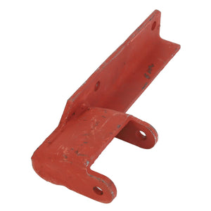 The AGCO Bracket - Acp0208730 is a red, L-shaped metal bracket featuring two holes at the base and additional holes along the vertical section. The surface exhibits signs of wear and some chipped paint, indicating previous usage but preserving its structural integrity.