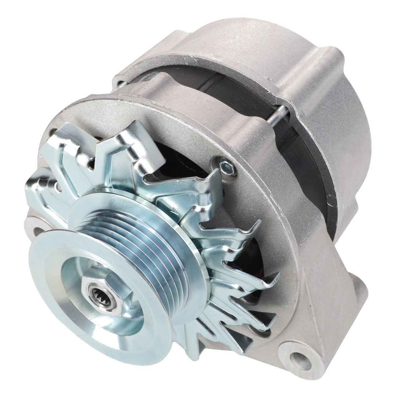 The AGCO Alternator - Acw0643590 by AGCO is a silver automotive alternator with a durable casing and pulley mechanism, meticulously designed for generating electrical power and charging the vehicle's battery. It is an ideal choice for tractor electrical systems.