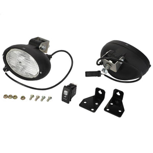 A pair of AGCO black automotive fog lights (Accessory Code: Acw1454000) with mounting brackets, a switch, wiring, and screws laid out on a white background. No current product description information available.