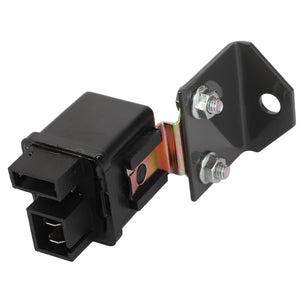 Introducing the AGCO | Relay, Starter - ACY1569440 by AGCO. This black automotive relay, equipped with two connectors and mounted on a metal bracket with two bolts, is perfect for machinery maintenance. As a Genuine Electrics component, it ensures both reliability and performance.