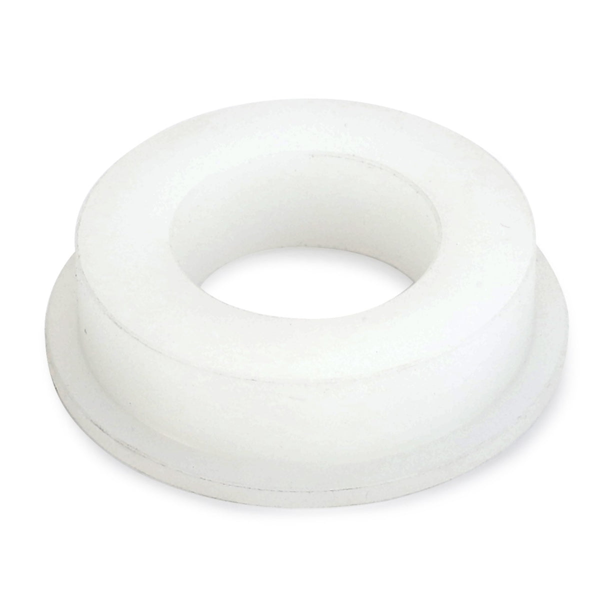 The AGCO Plastic Bushing - D28780805 is a white, plastic, ring-shaped object with a central hole and a wider outer edge, featuring a smooth bearing surface.