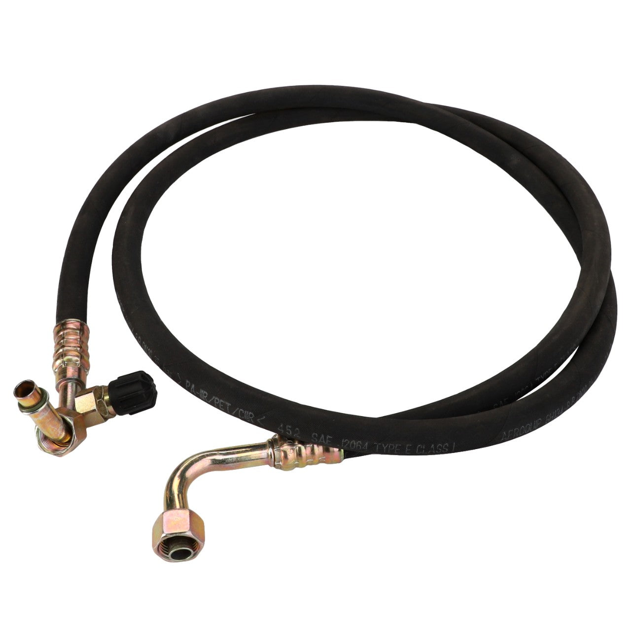 The AGCO | HOSE - D26735177 is a black rubber hose equipped with two brass fittings, one at each end, featuring an angled connector and a straight connector.