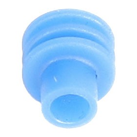 A compact, cylindrical blue plastic cap featuring two horizontal ridges near the upper edge, identified as the AGCO WIRE SEAL - AG517610.