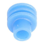 A compact, cylindrical blue plastic cap featuring two horizontal ridges near the upper edge, identified as the AGCO WIRE SEAL - AG517610.