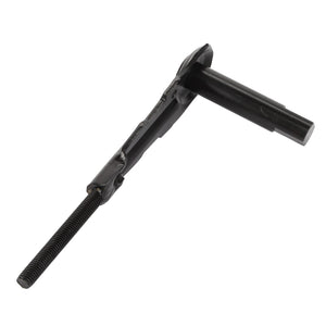 Close-up of the AGCO LEVER - CG3823181590, a black metal tool featuring a long threaded rod, a flat section with a cutout, and a cylindrical handle at a perpendicular angle. No current product description information is available.