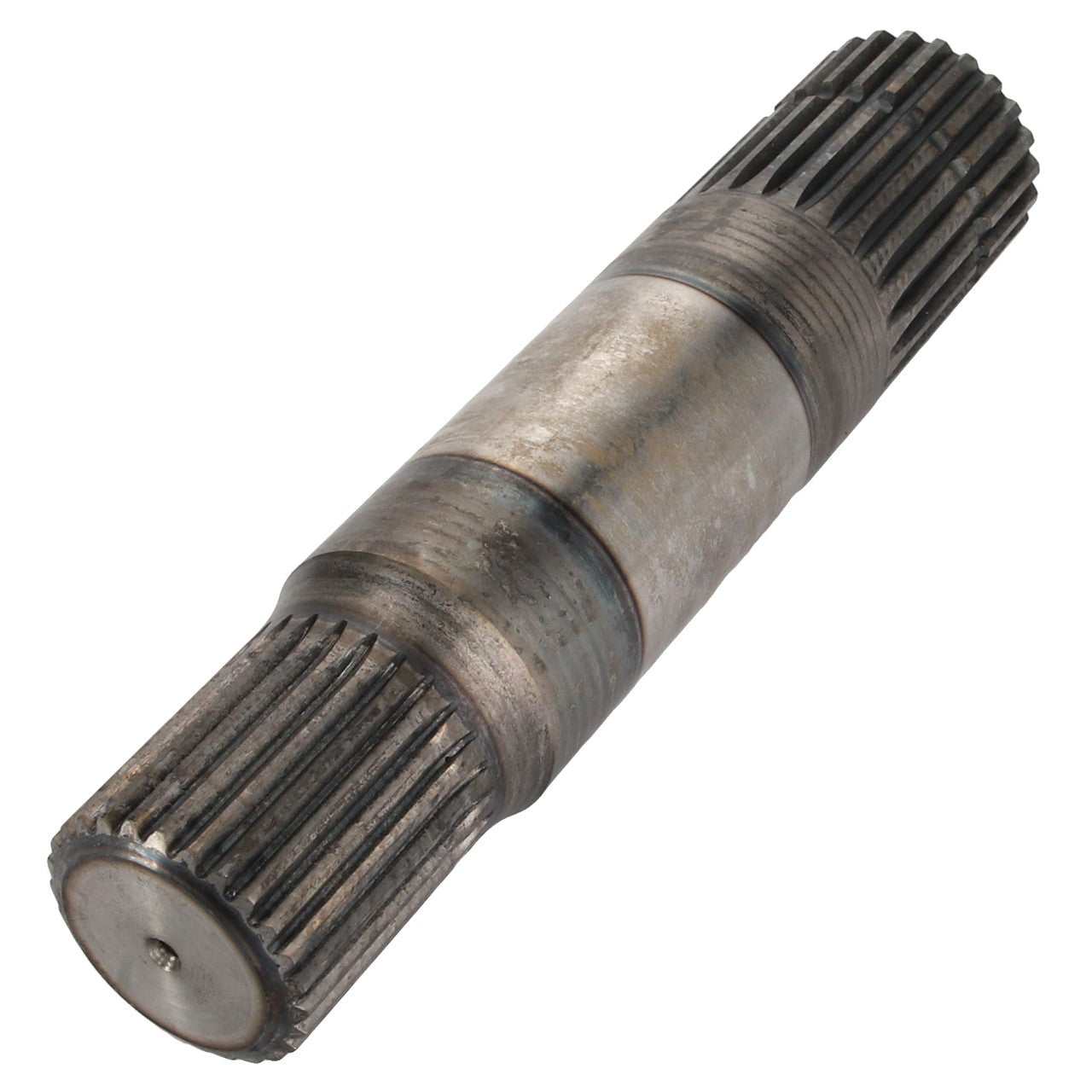 This AGCO Shaft - model ACW1038020 is a cylindrical metal gear shaft featuring multiple teeth on both ends. It shows signs of wear and use. No current product description information is available from the manufacturer.